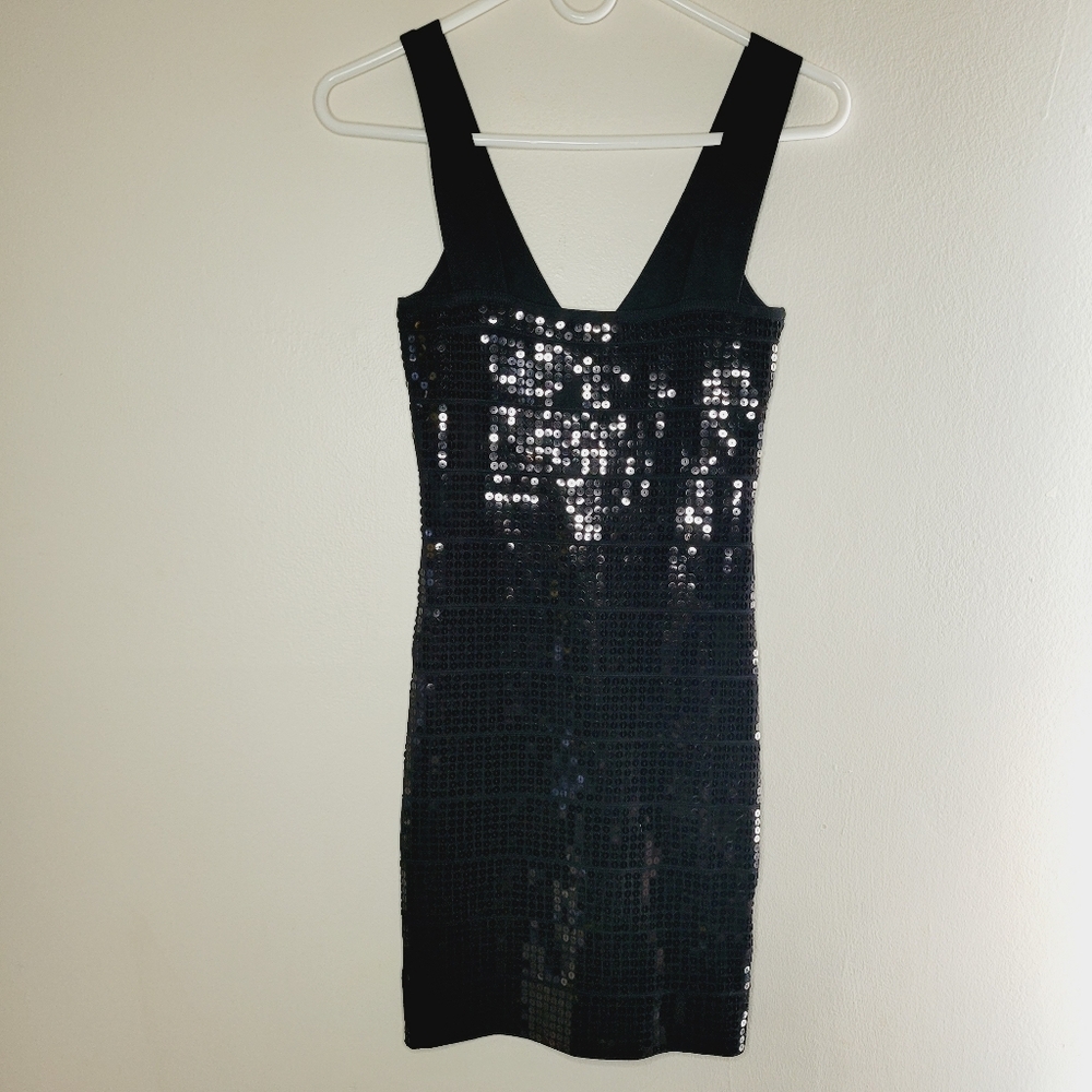 Aqua Sequin Mini little Black Dress Womens Small V-Neck Cocktail Party Club Sexy - Picture 2 of 10